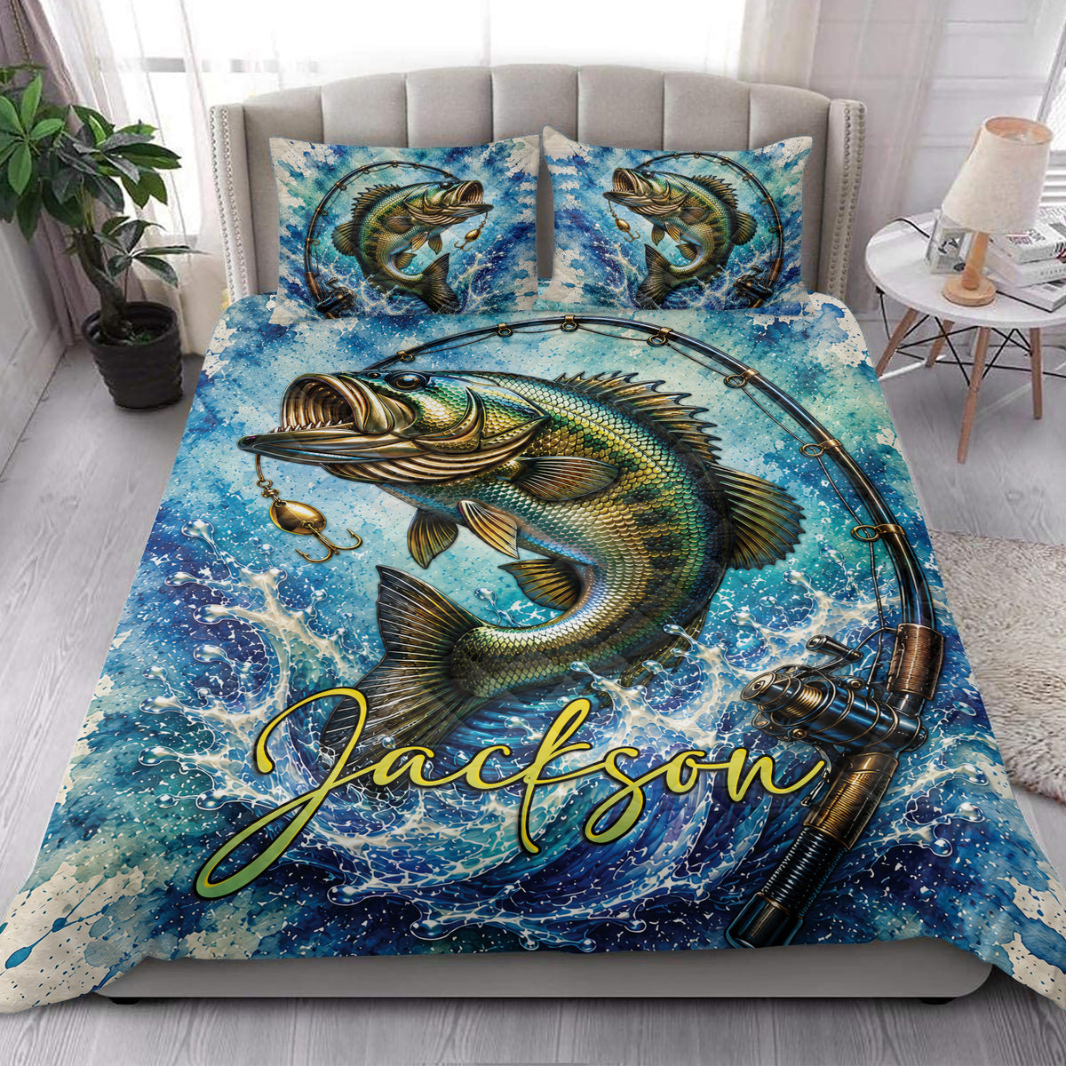 Fishing quilt blanket styled in a bright bedroom with bass, fishing rod, and blue water artwork
