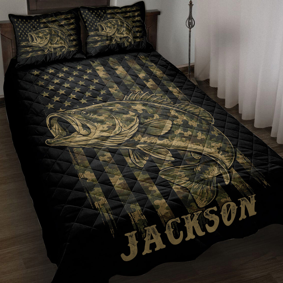 Bass fishing quilt blanket displayed on a bed with camouflage American flag artwork and matching fish pillows