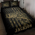 Bass fishing quilt blanket displayed on a bed with camouflage American flag artwork and matching fish pillows