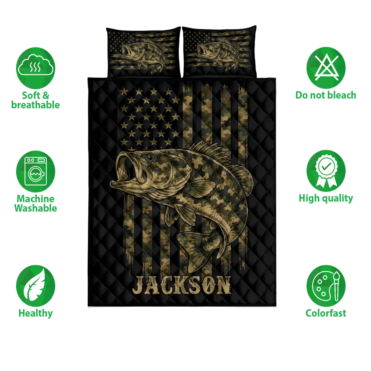 Bass fishing quilt bedding set shown with large fish artwork, camouflage flag design, and black quilted background