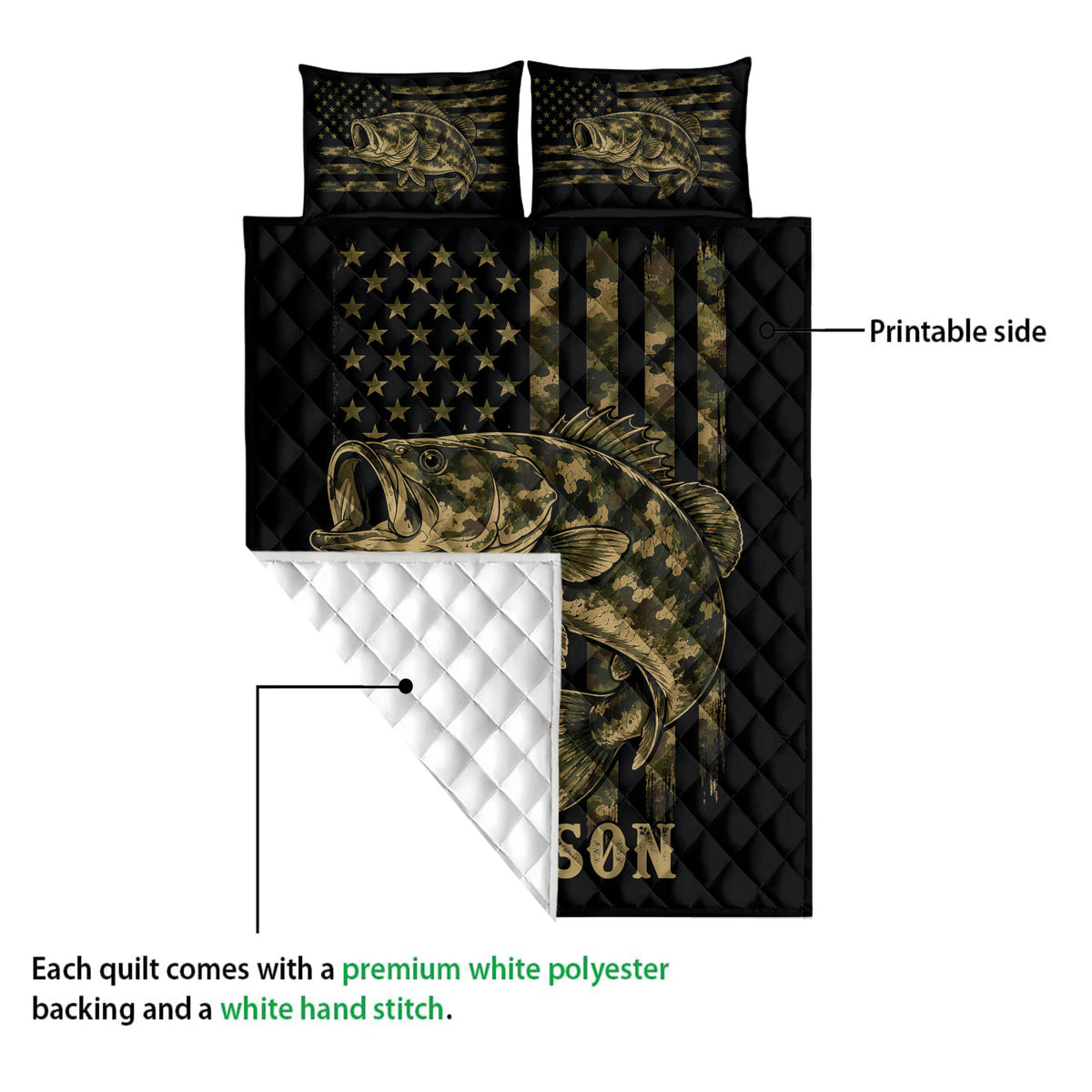 Bass fishing quilt showing the printed fish artwork, quilted white backing, and printable front side