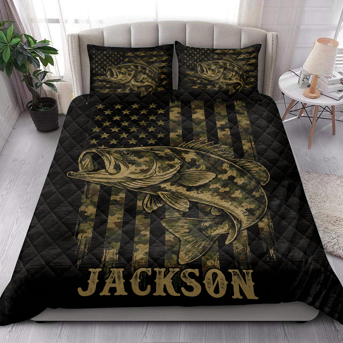 Bass fishing quilt blanket styled in a bedroom with large camouflage bass artwork and matching decorative pillows