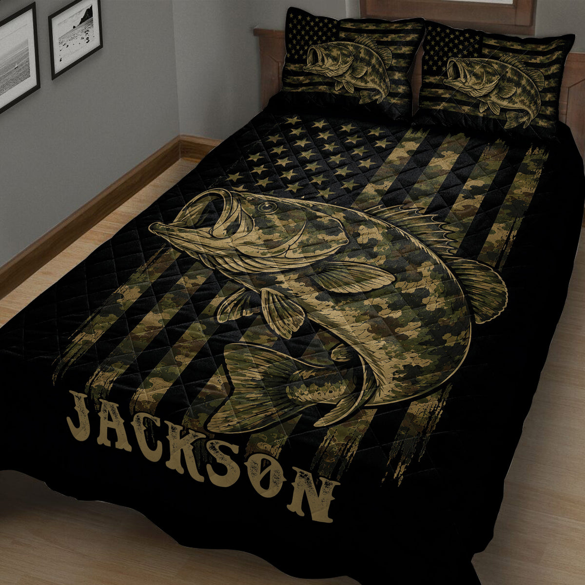 Close bedroom view of a black bass fishing quilt with camouflage stripes, star pattern, and large fish illustration