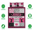 Cheerleading quilt bedding set shown with pink and black artwork, cheerleader silhouettes, bows, and megaphones