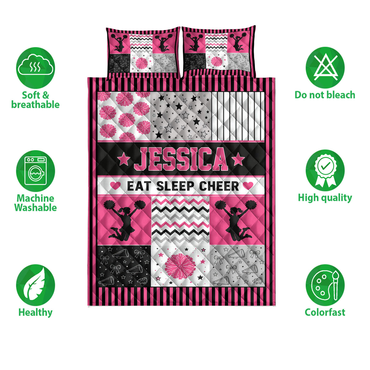 Cheerleading quilt bedding set shown with pink and black artwork, cheerleader silhouettes, bows, and megaphones