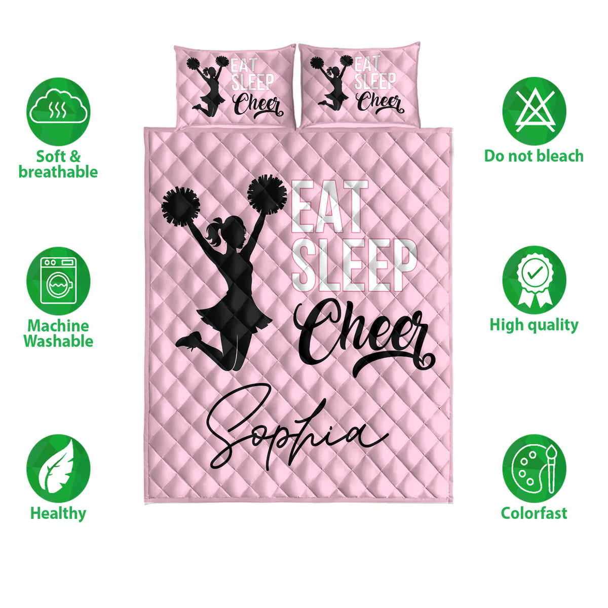 Pink cheerleading quilt bedding set with cheerleader silhouettes, quilted pattern, and lifestyle feature icons