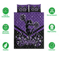 Purple cheerleading quilt bedding set showing a cheerleader silhouette, pom-poms, and product feature icons