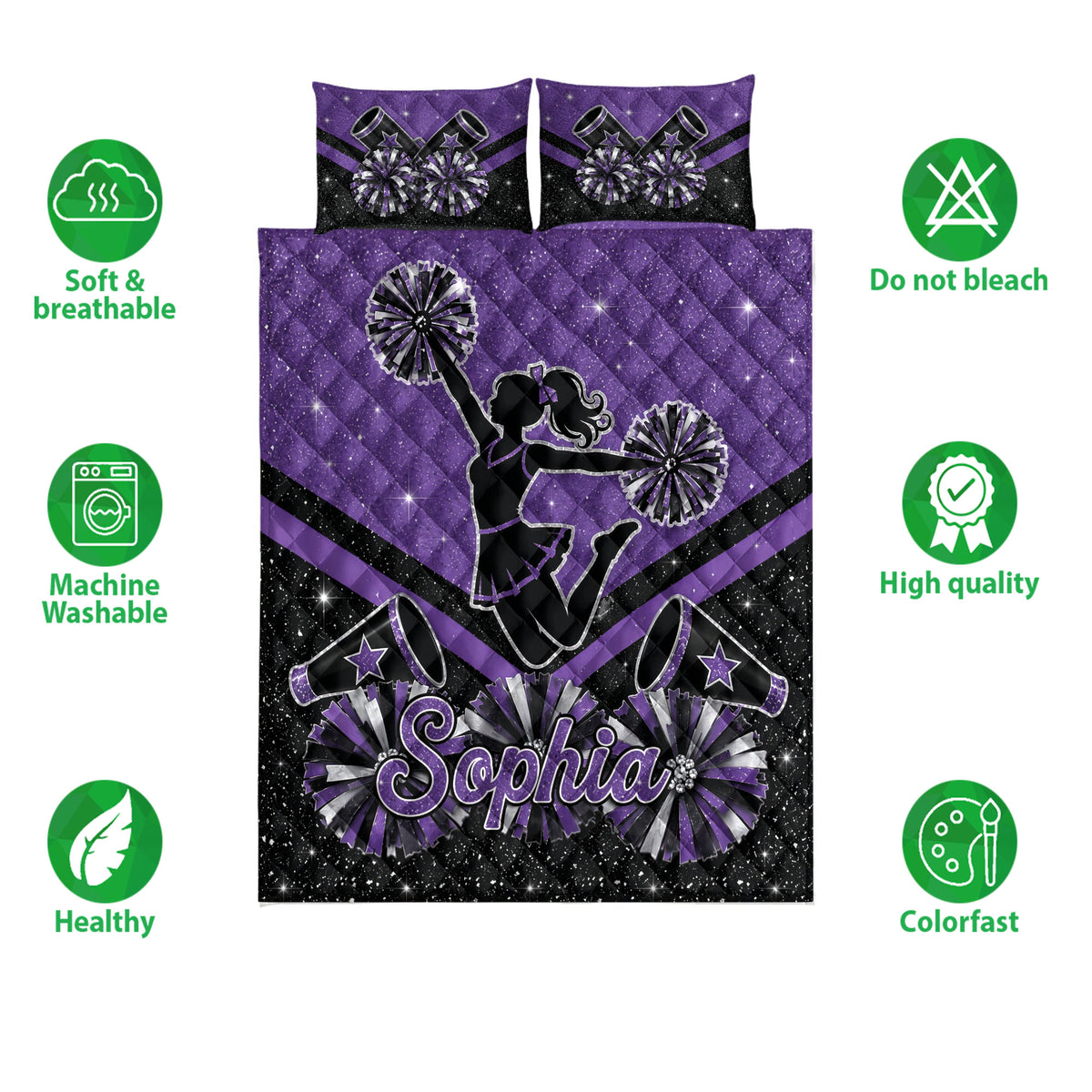 Purple cheerleading quilt bedding set showing a cheerleader silhouette, pom-poms, and product feature icons
