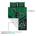 Green cheerleading quilt showing the printed front, quilted backing, cheerleader silhouette, and pom-pom artwork