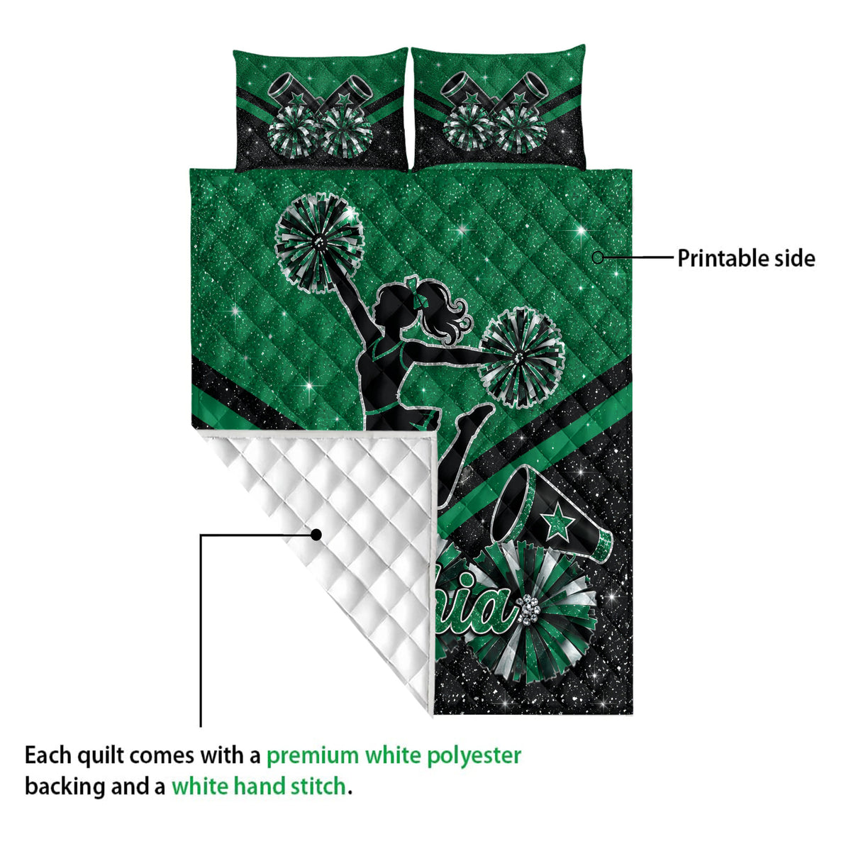 Green cheerleading quilt showing the printed front, quilted backing, cheerleader silhouette, and pom-pom artwork
