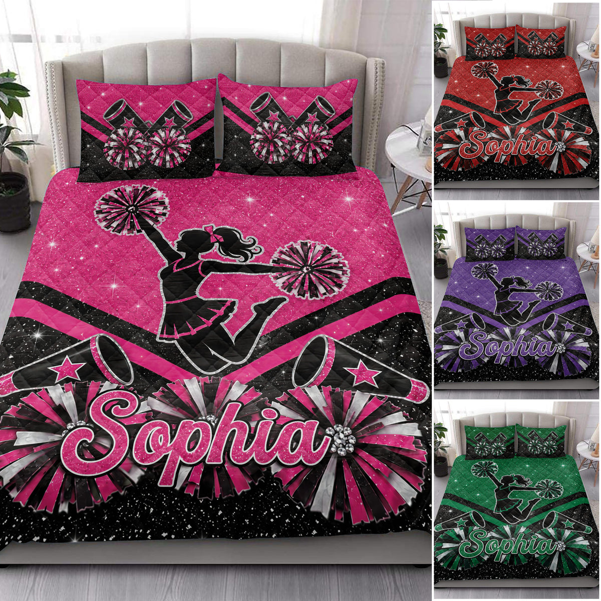Cheerleading quilt bedding displayed in a bedroom with pink, red, purple, and green color variations