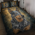 Australian Cattle Dog quilt blanket displayed on a bed with matching dog artwork on the pillows