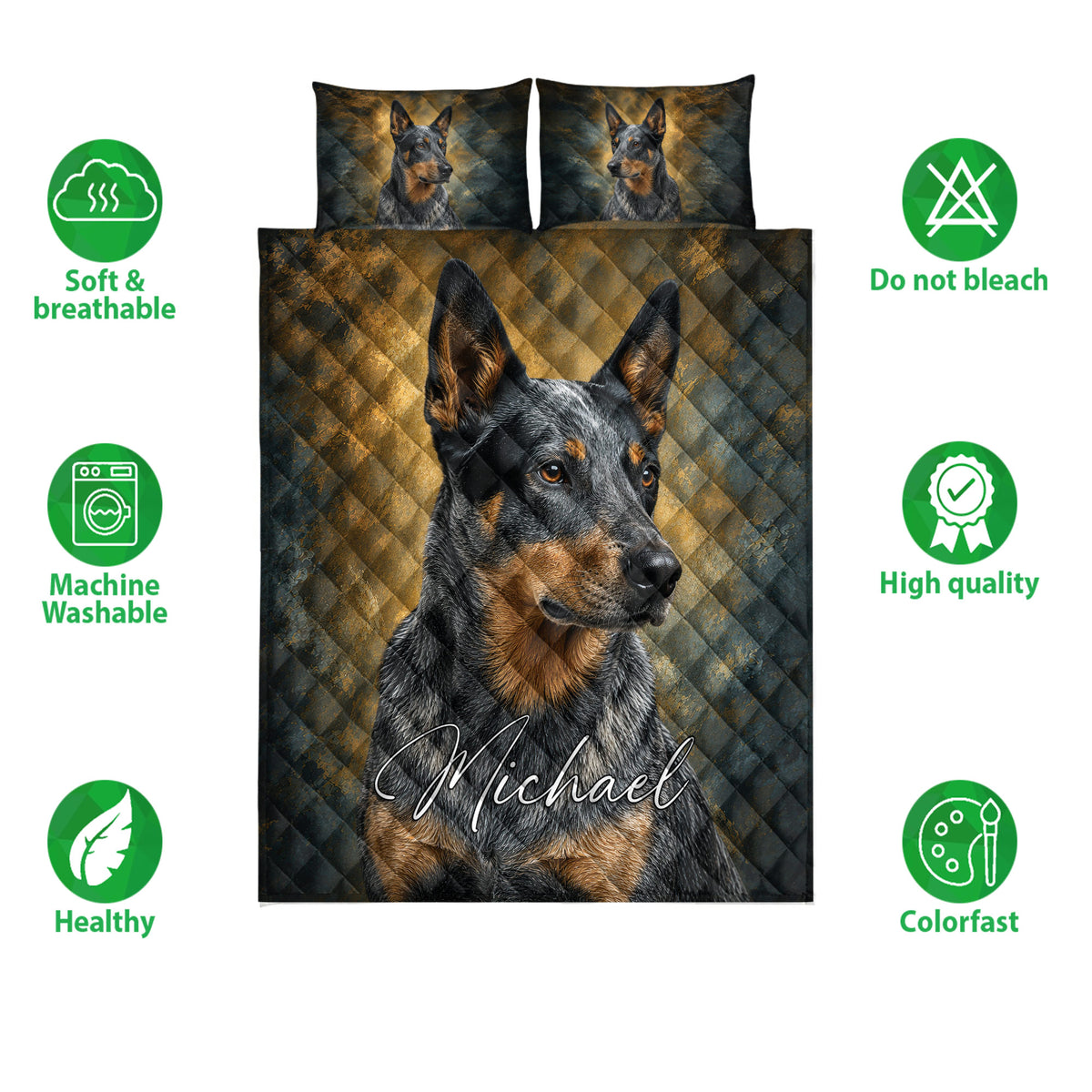 Australian Cattle Dog quilt bedding design shown with feature icons and coordinated dog pillow artwork