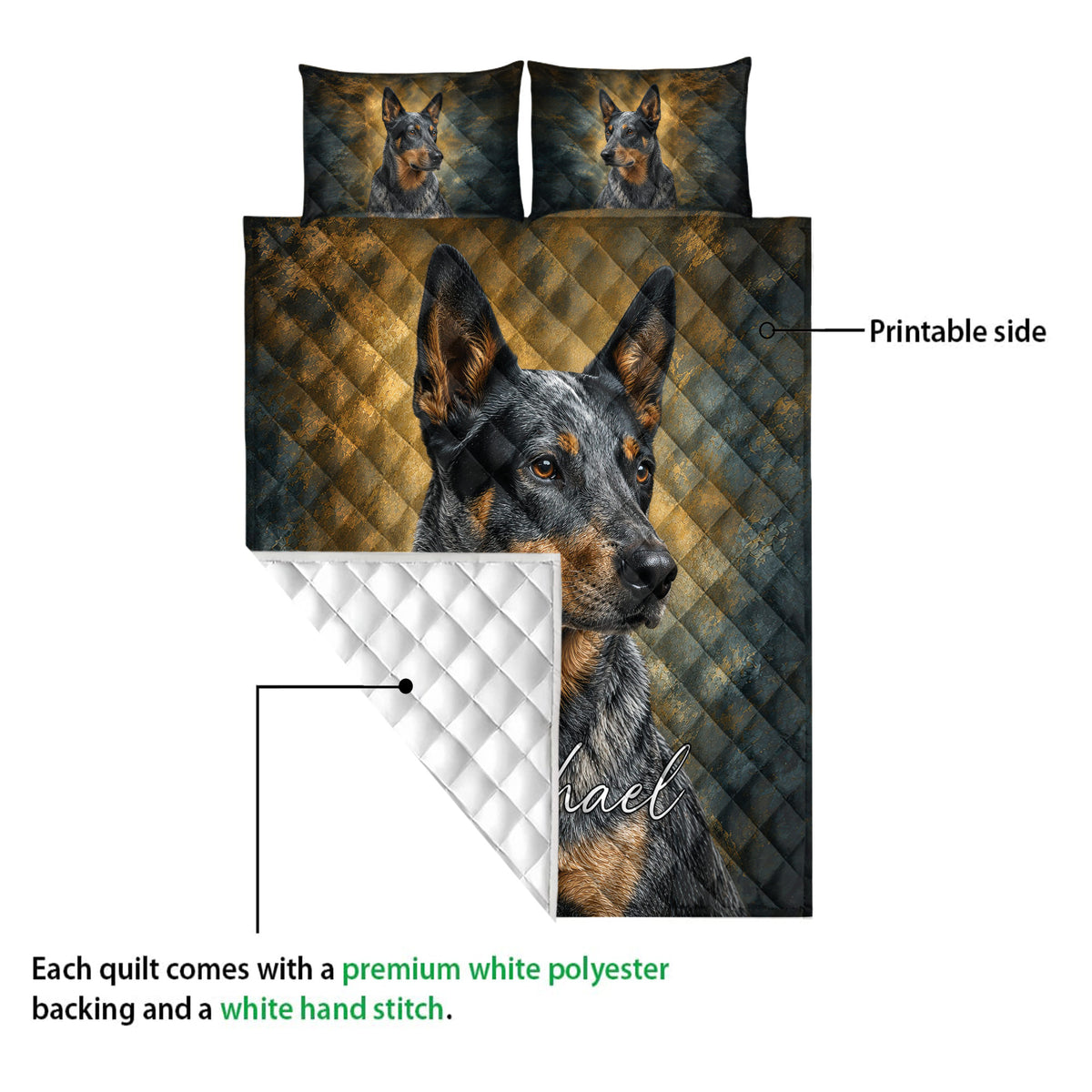 Australian Cattle Dog quilt showing the printed front and white quilted backing
