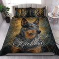 Australian Cattle Dog quilt blanket styled in a bright bedroom with bold blue and gold artwork