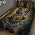 Close bedroom view of an Australian Cattle Dog quilt blanket with detailed Blue Heeler artwork