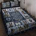Australian Cattle Dog quilt blanket on a bed with blue plaid panels, paw prints, bones, and dog portraits