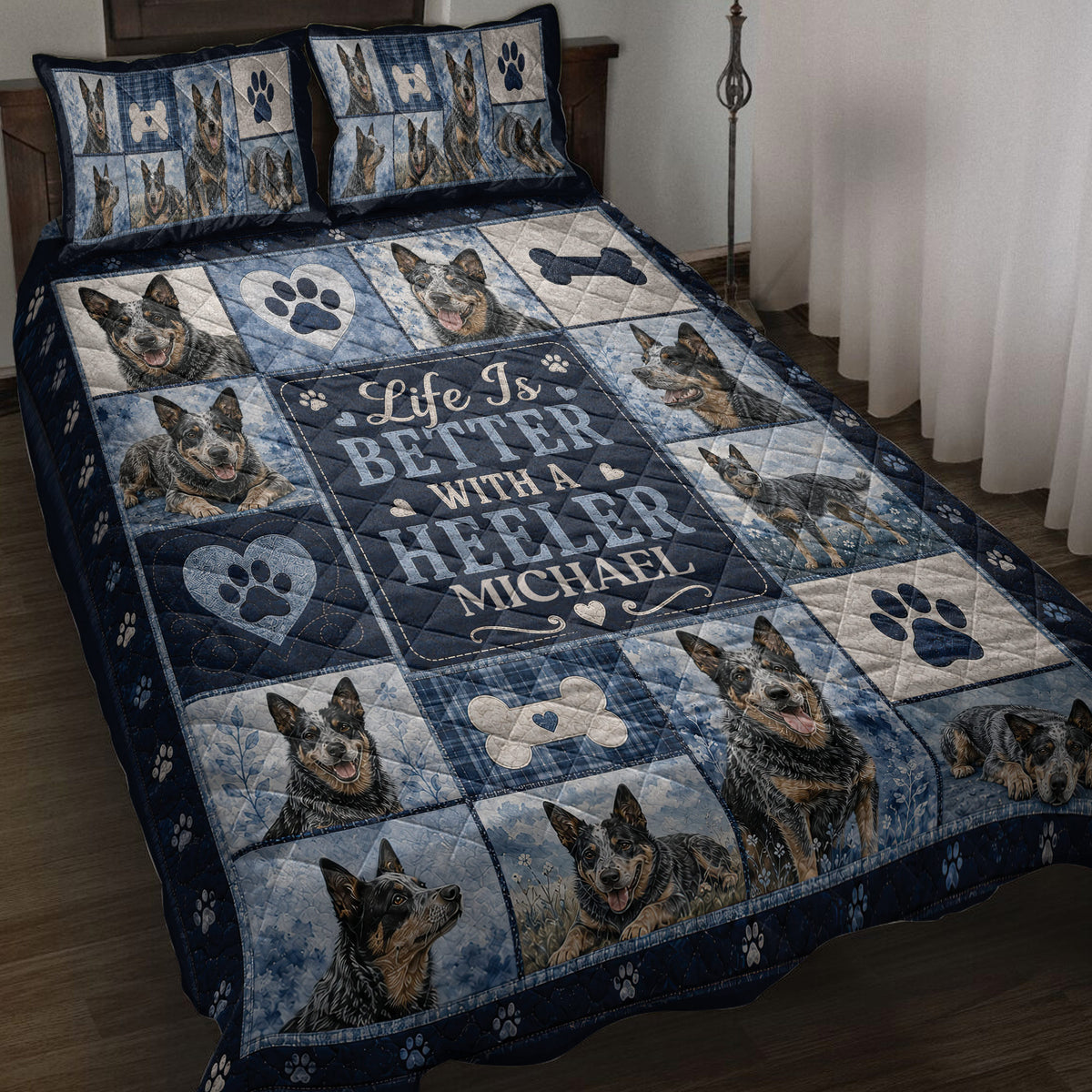 Australian Cattle Dog quilt blanket on a bed with blue plaid panels, paw prints, bones, and dog portraits