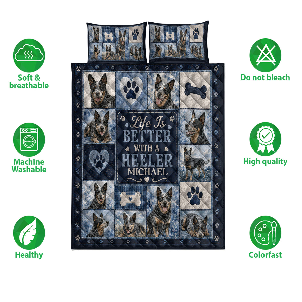 Australian Cattle Dog quilt bedding set displayed with soft breathable and colorfast feature icons