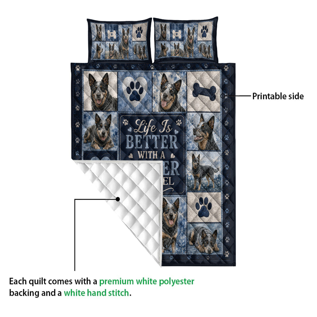 Australian Cattle Dog quilt blanket showing the printed front and white quilted backing