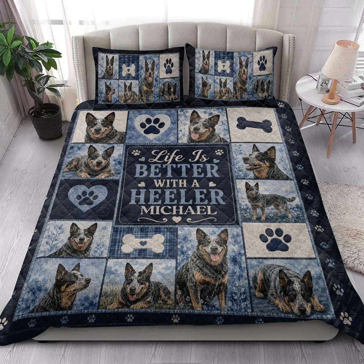 Australian Cattle Dog quilt bedding styled in a bright bedroom with matching dog artwork and paw prints