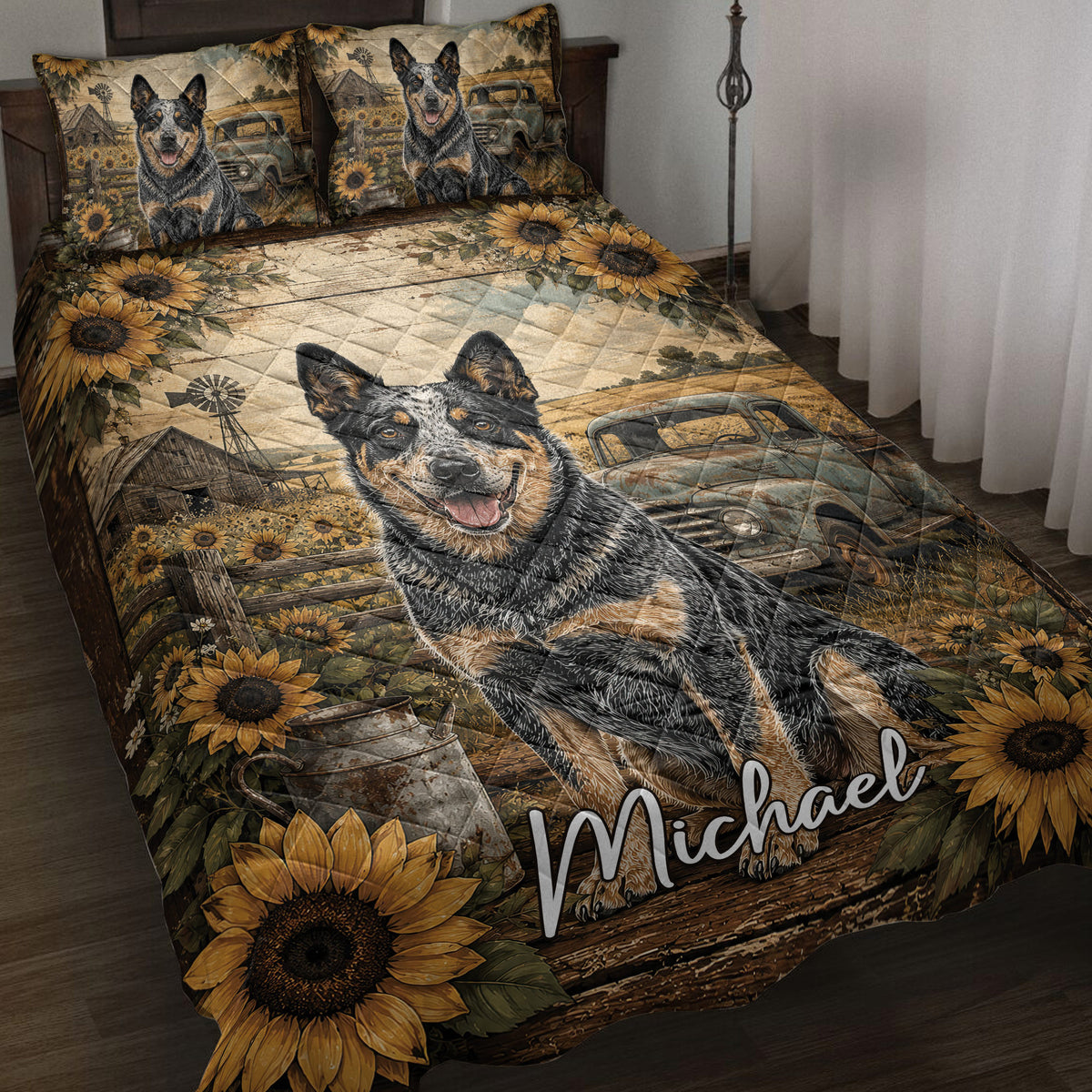 Australian Cattle Dog quilt blanket on a bed with sunflowers, vintage trucks, farmhouse scenery, and rural decor