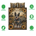 Australian Cattle Dog quilt bedding set displayed with sunflower artwork, farmhouse scenery, and feature icons