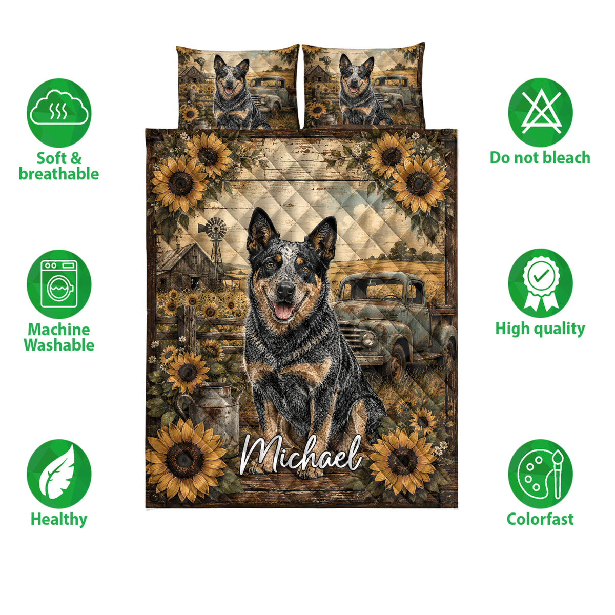 Australian Cattle Dog quilt bedding set displayed with sunflower artwork, farmhouse scenery, and feature icons