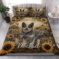 Australian Cattle Dog quilt blanket styled in a bright bedroom with sunflower and rustic farmhouse artwork