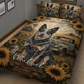 Rustic Australian Cattle Dog quilt blanket featuring a smiling dog, sunflowers, vintage truck, and farm landscape
