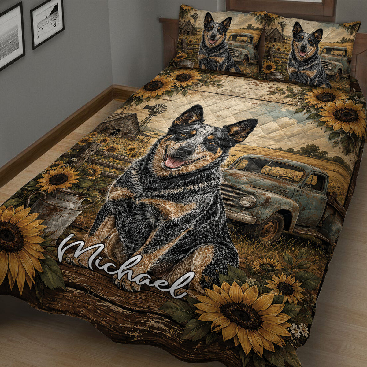 Rustic Australian Cattle Dog quilt blanket featuring a smiling dog, sunflowers, vintage truck, and farm landscape