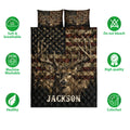Deer quilt bedding set shown flat with buck artwork, antler motifs, rustic flag-inspired stripes, and feature icons