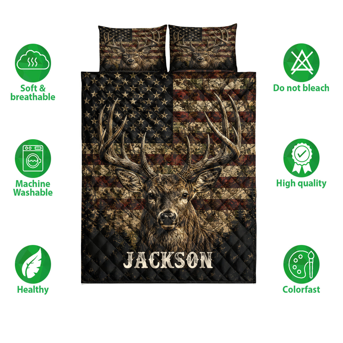 Deer quilt bedding set shown flat with buck artwork, antler motifs, rustic flag-inspired stripes, and feature icons