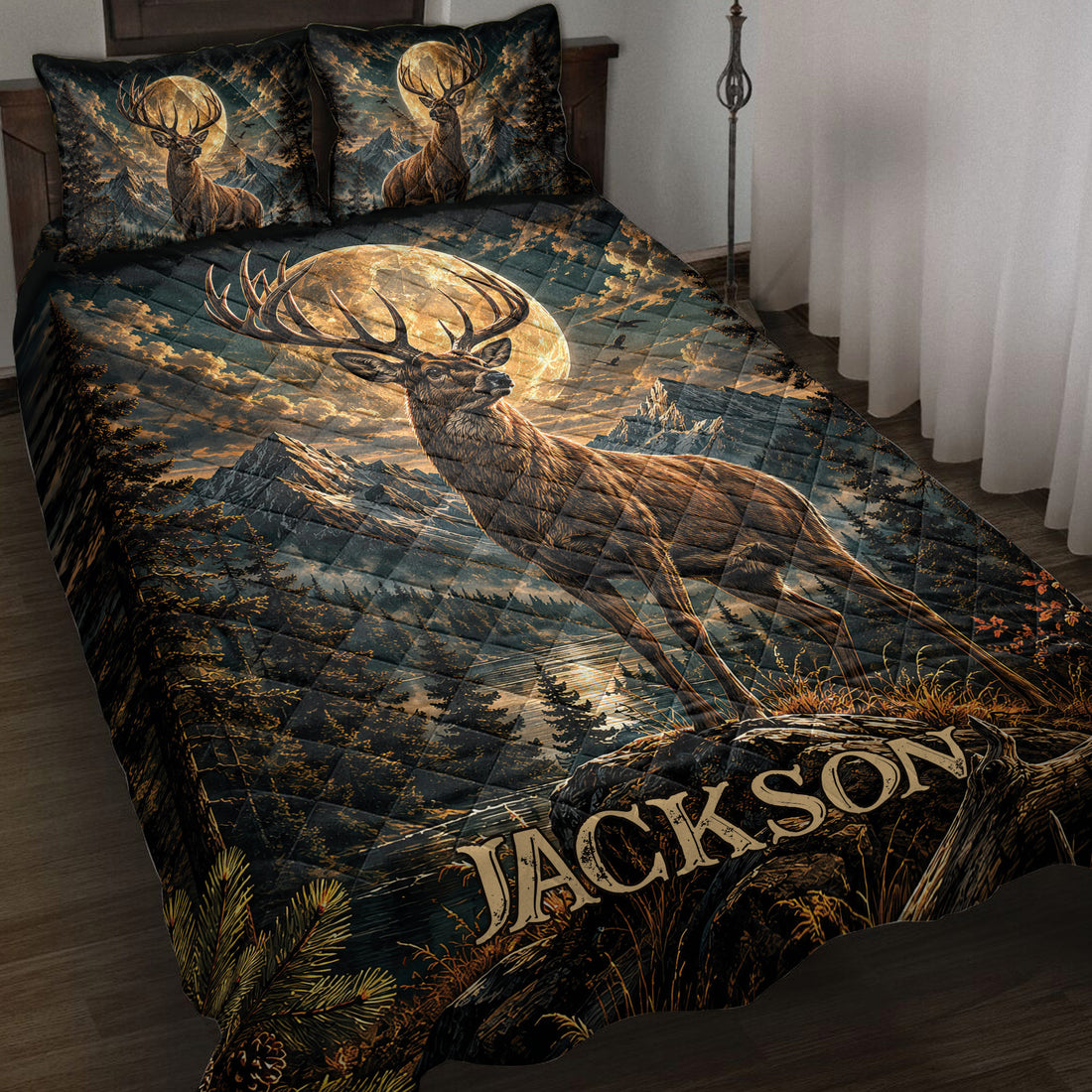 Deer quilt blanket displayed on a bed with moonlit mountains, pine trees, and rustic wilderness artwork