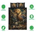 Deer quilt bedding set shown with matching artwork, breathable comfort, and a moonlit mountain landscape