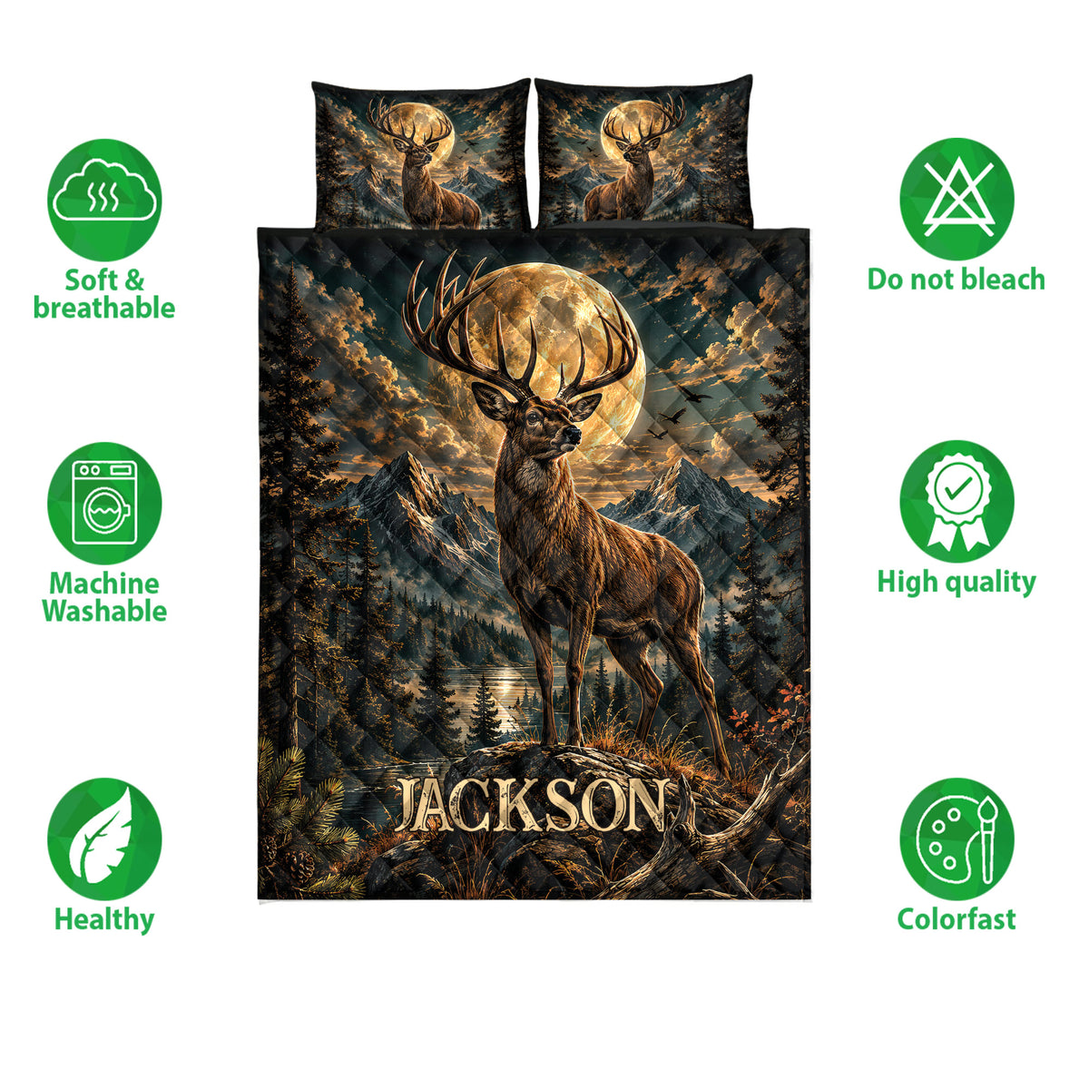 Deer quilt bedding set shown with matching artwork, breathable comfort, and a moonlit mountain landscape