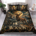 Deer quilt bedding set styled in a bright bedroom with a moonlit mountain and forest scene