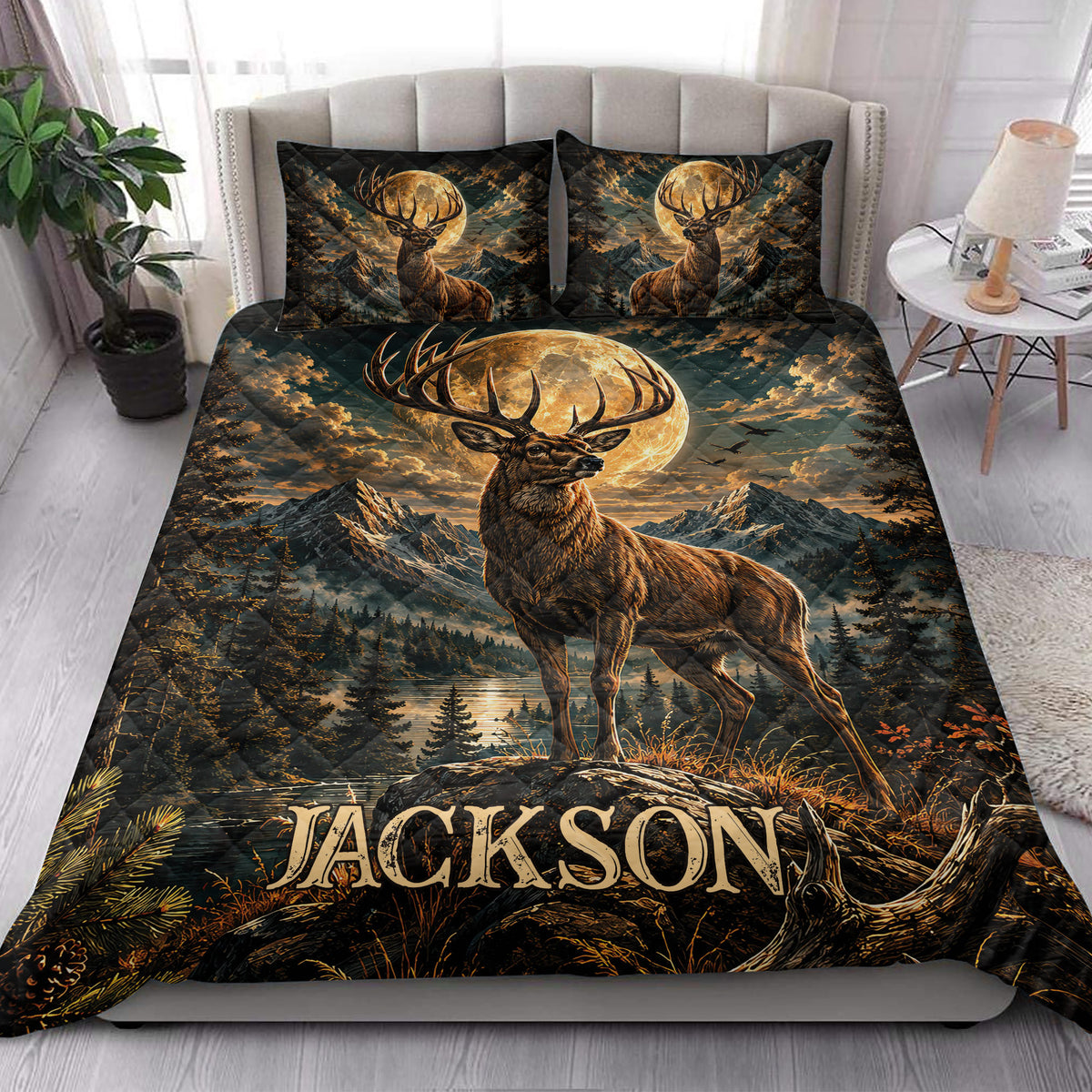 Deer quilt bedding set styled in a bright bedroom with a moonlit mountain and forest scene