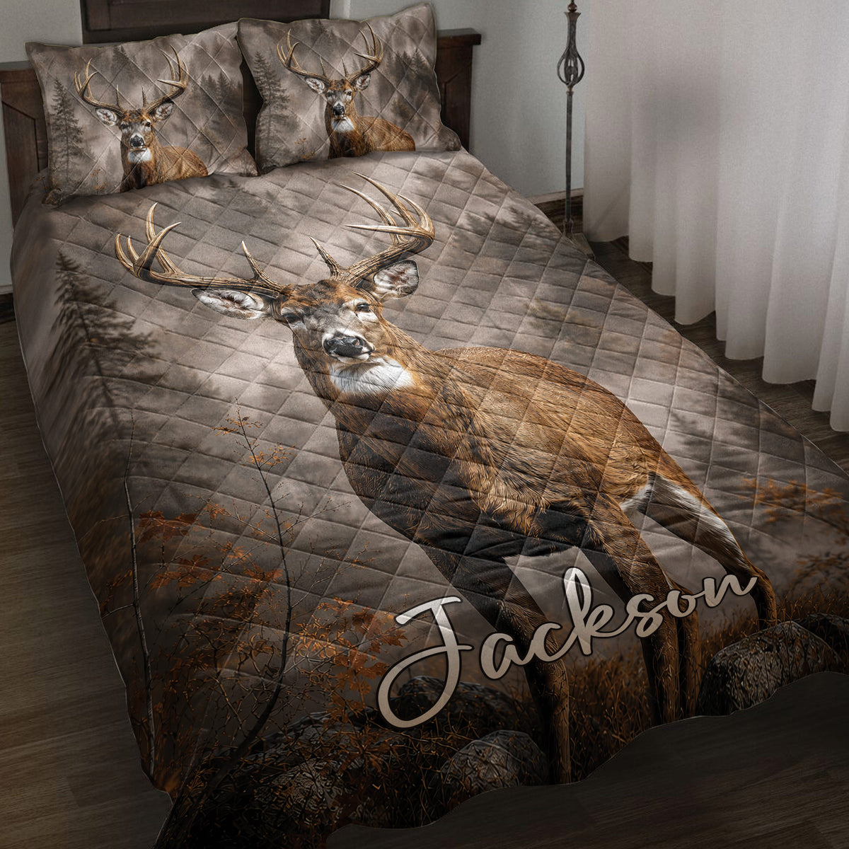 Deer quilt blanket displayed on a bed with forest scenery and large buck artwork