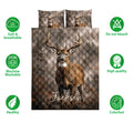 Deer quilt bedding set shown with buck artwork, forest background, and product feature icons