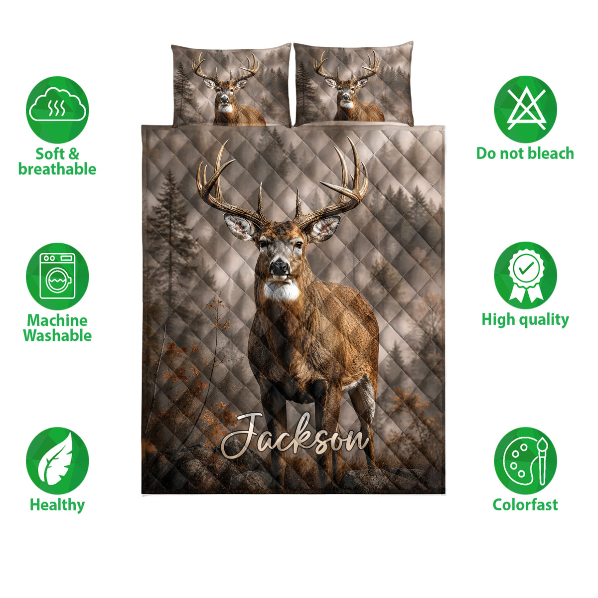 Deer quilt bedding set shown with buck artwork, forest background, and product feature icons