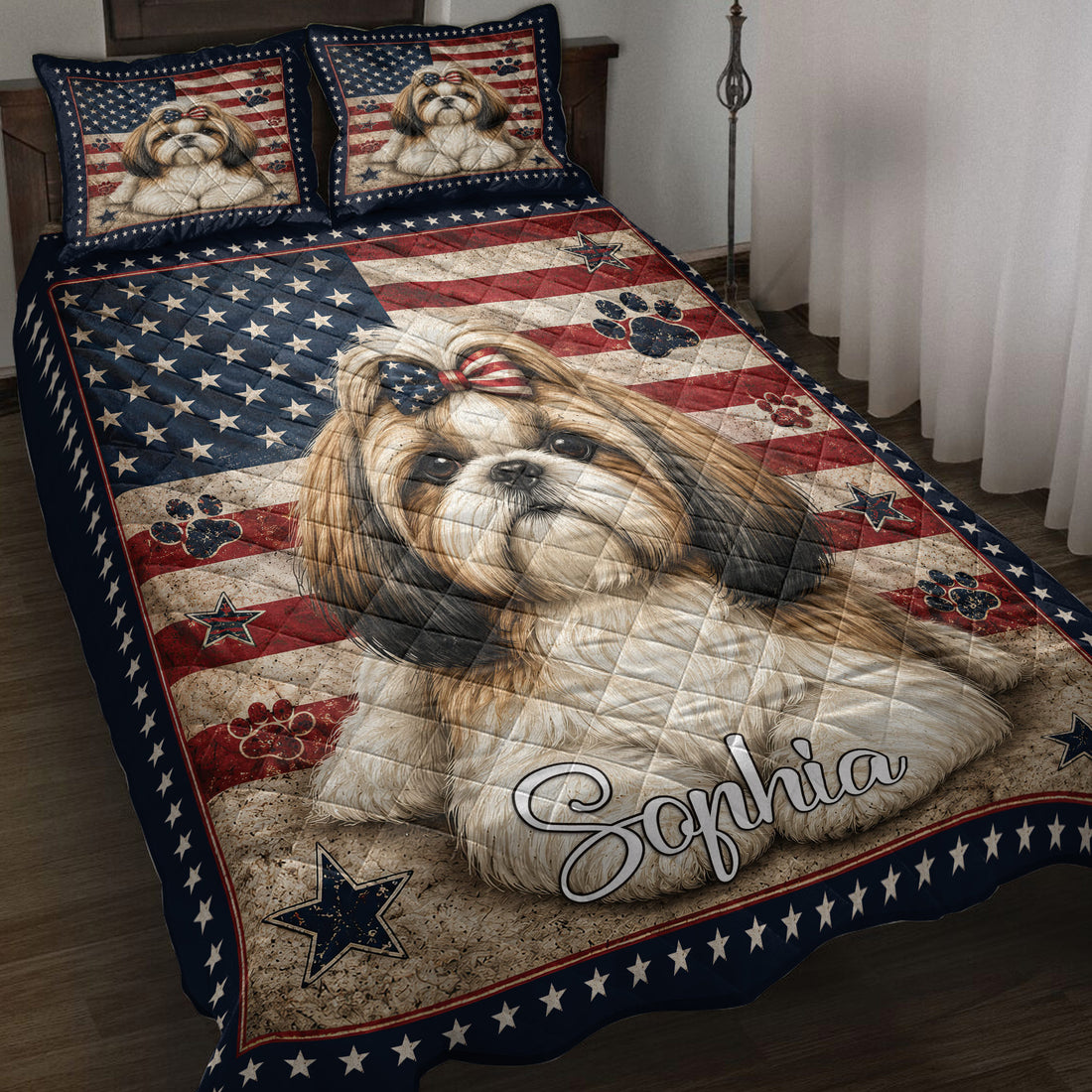 Shih Tzu quilt blanket displayed on a bed with patriotic stars, stripes, paw prints, and navy trim