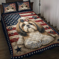 Shih Tzu quilt blanket displayed on a bed with patriotic stars, stripes, paw prints, and navy trim