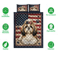 Shih Tzu quilt bedding set shown with patriotic artwork, star borders, and soft bedroom styling