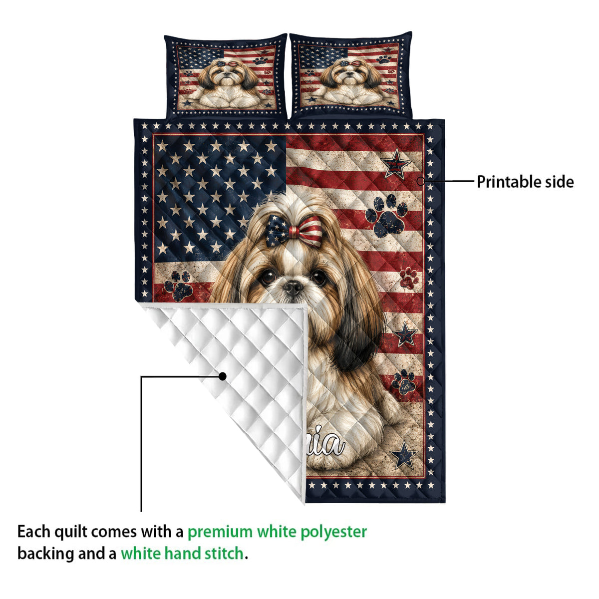 Shih Tzu quilt blanket close-up showing the printed front and white quilted backing