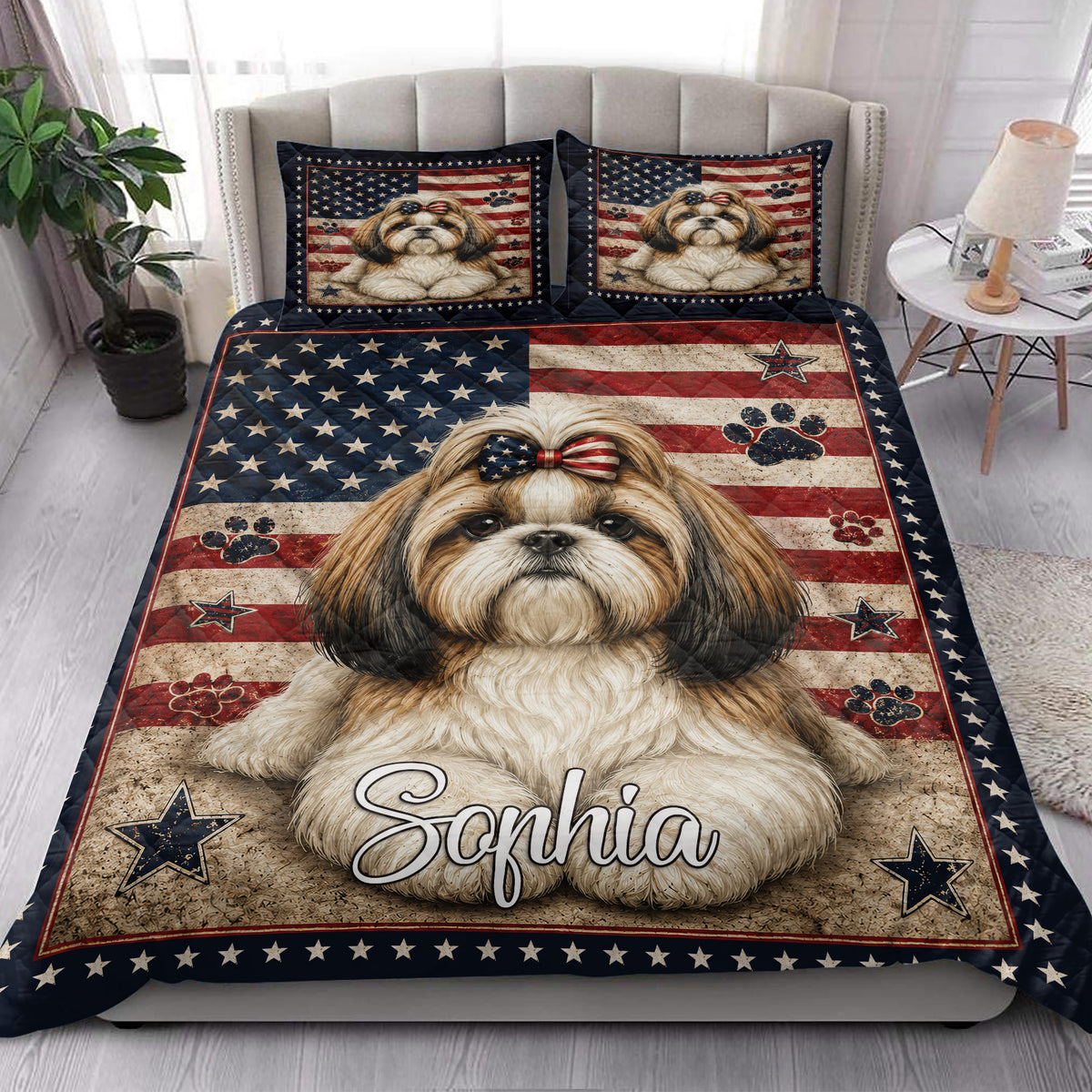 Shih Tzu quilt bedding styled in a bright bedroom with a large dog portrait and patriotic flag design