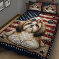 Patriotic Shih Tzu quilt blanket displayed at an angle with matching dog portrait accents and star details