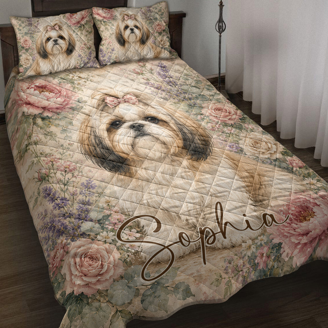 Shih Tzu quilt blanket spread across a bed with floral artwork and matching dog portraits