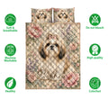 Shih Tzu floral quilt bedding set shown with soft breathable and machine washable feature icons