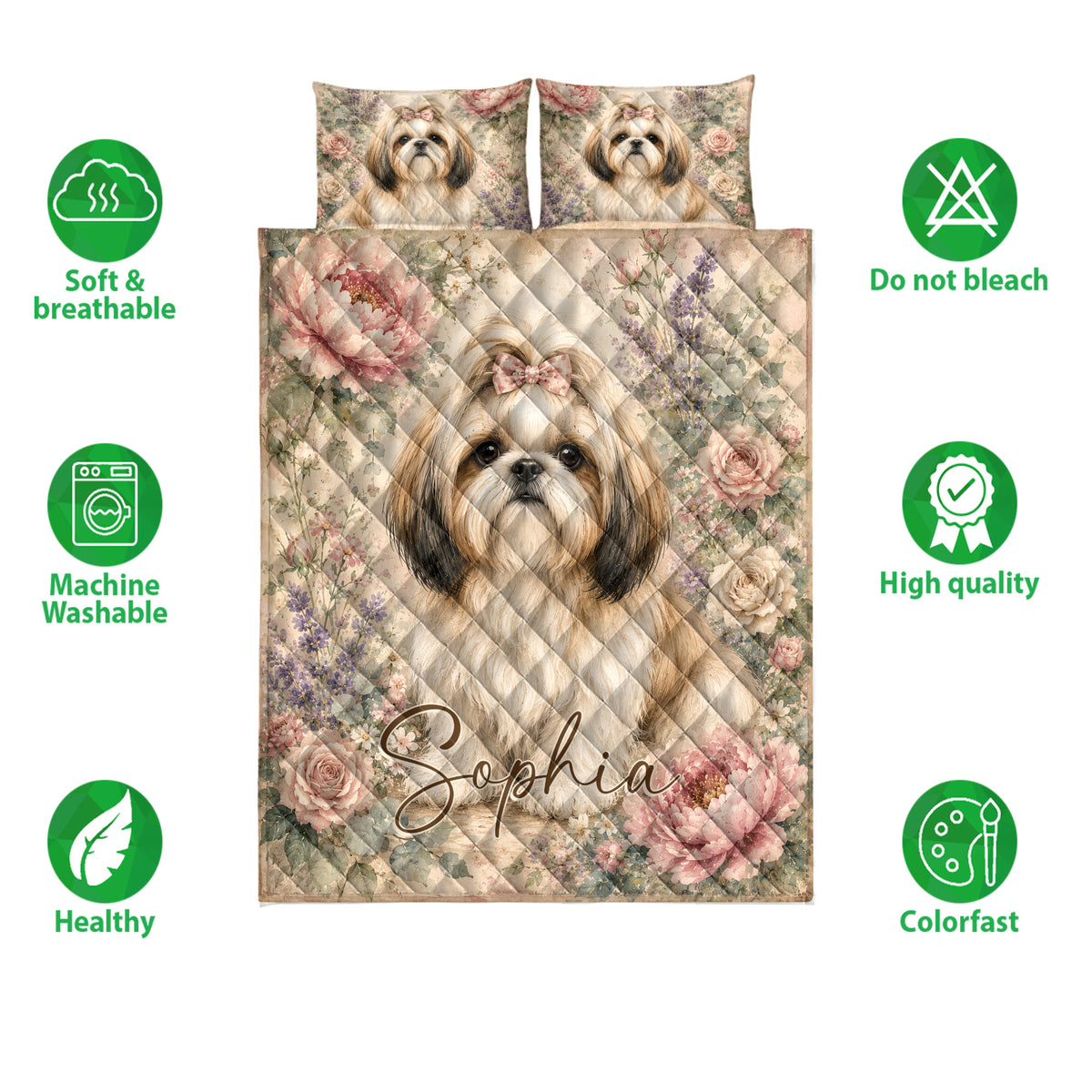 Shih Tzu floral quilt bedding set shown with soft breathable and machine washable feature icons